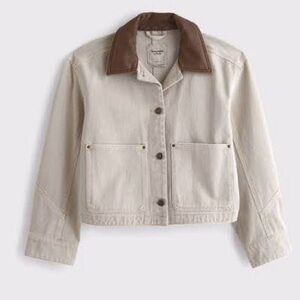 Abercrombie & Fitch Cream Jean Jacket with Brown Collar